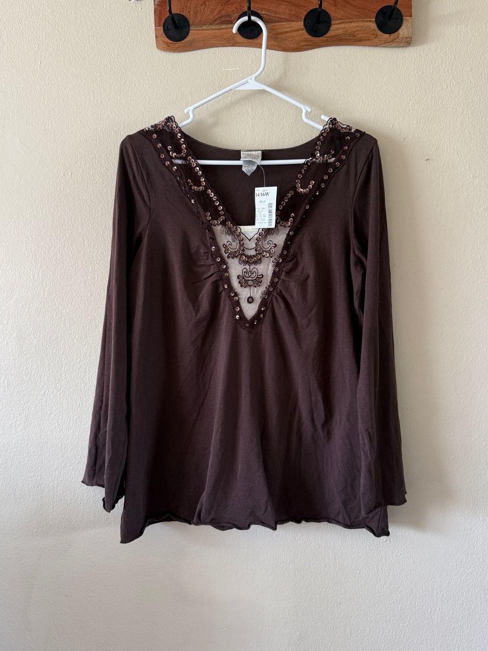 NWT Y2K Fashion Bug Brown Sequin Mesh V Neck Top Lettuce Hem Size 14/16W